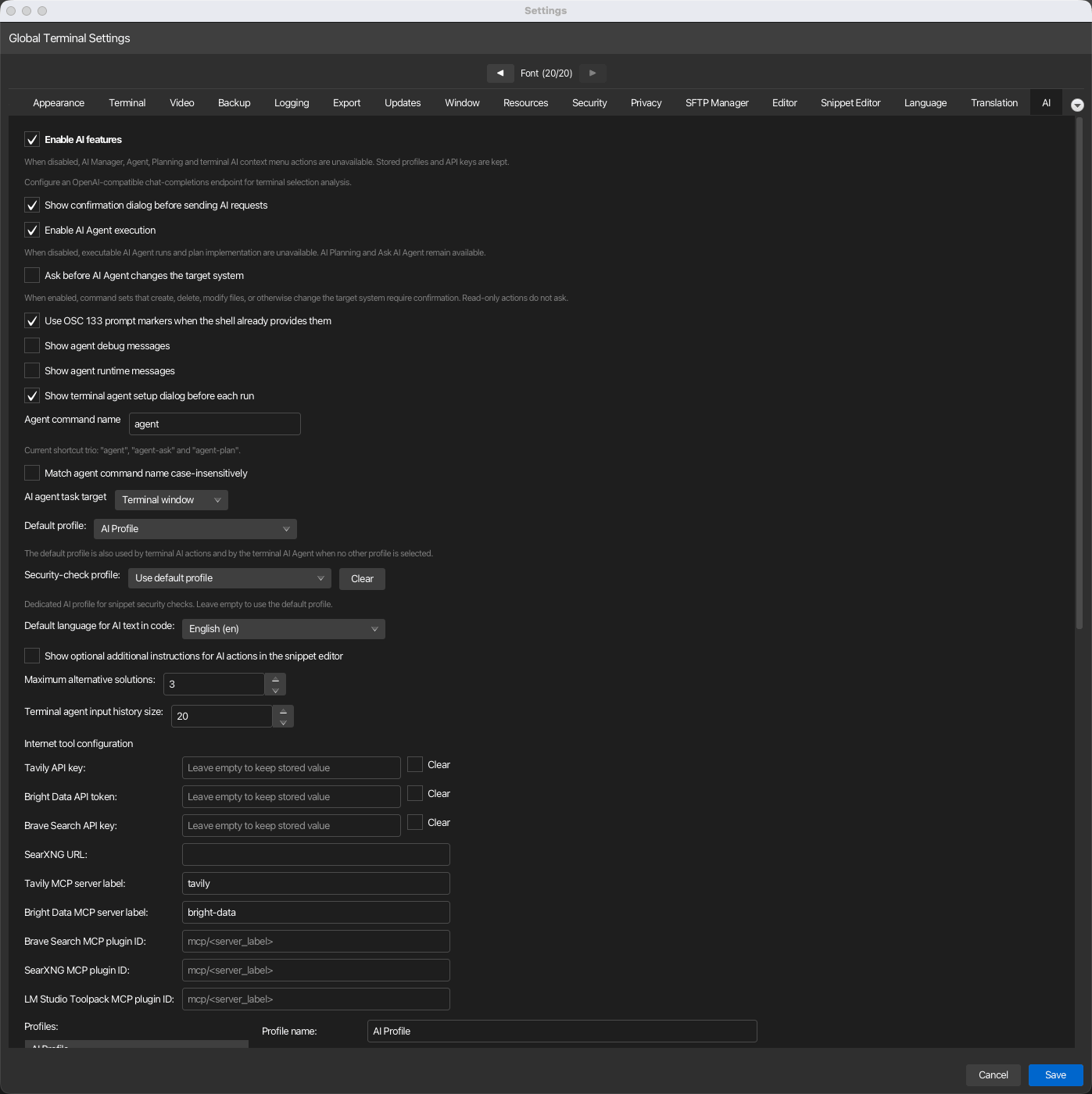 AI settings tab