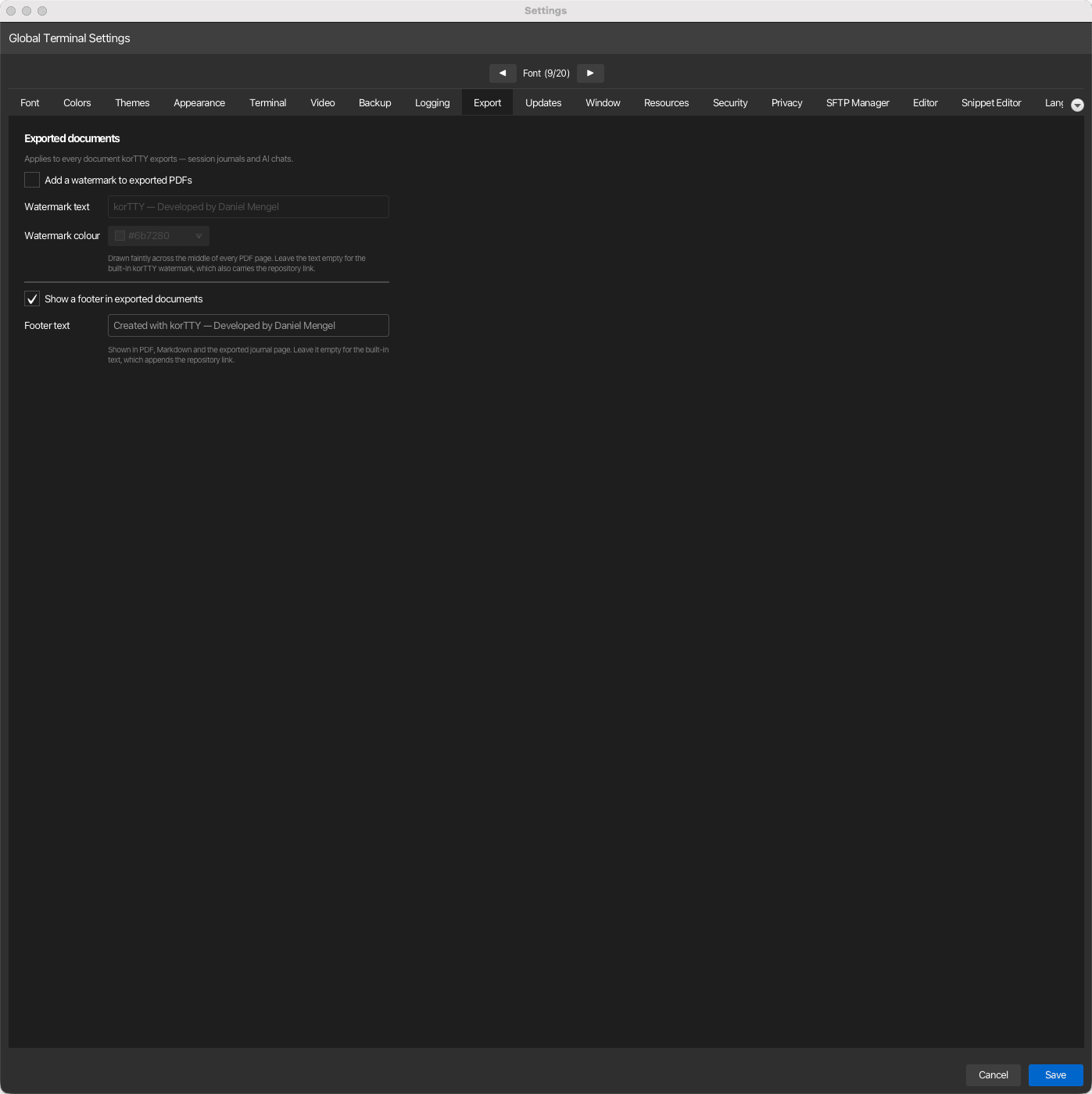 Export settings