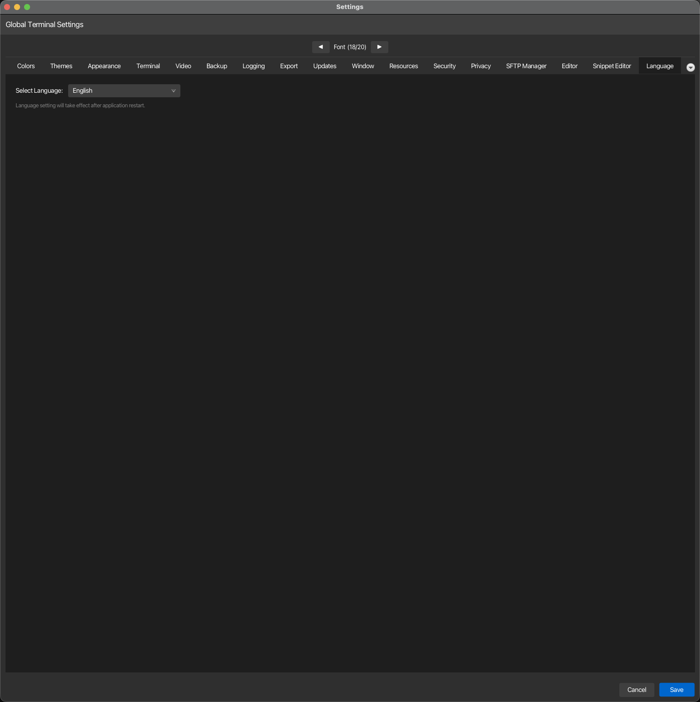 Language settings tab