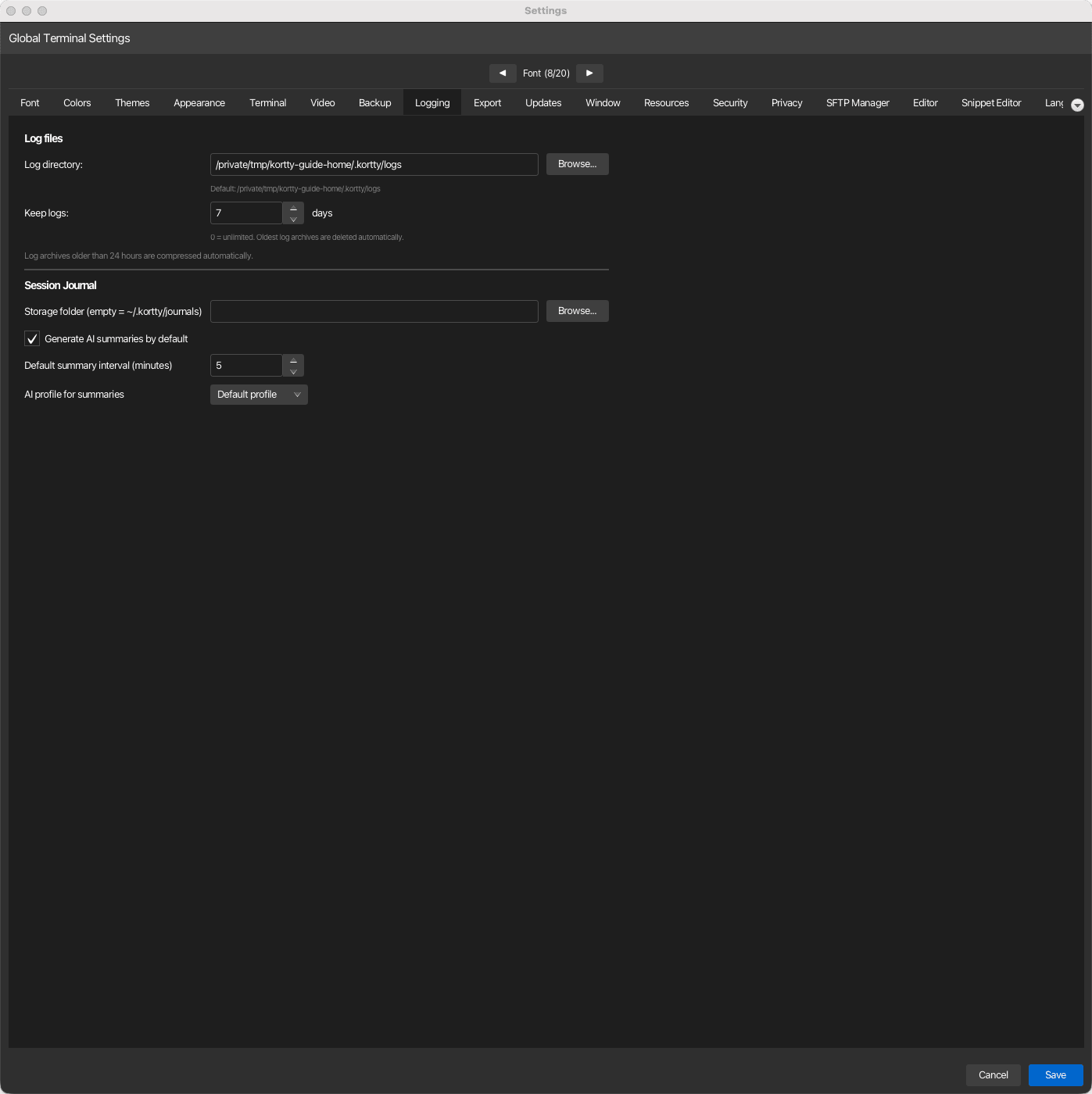 Logging settings tab