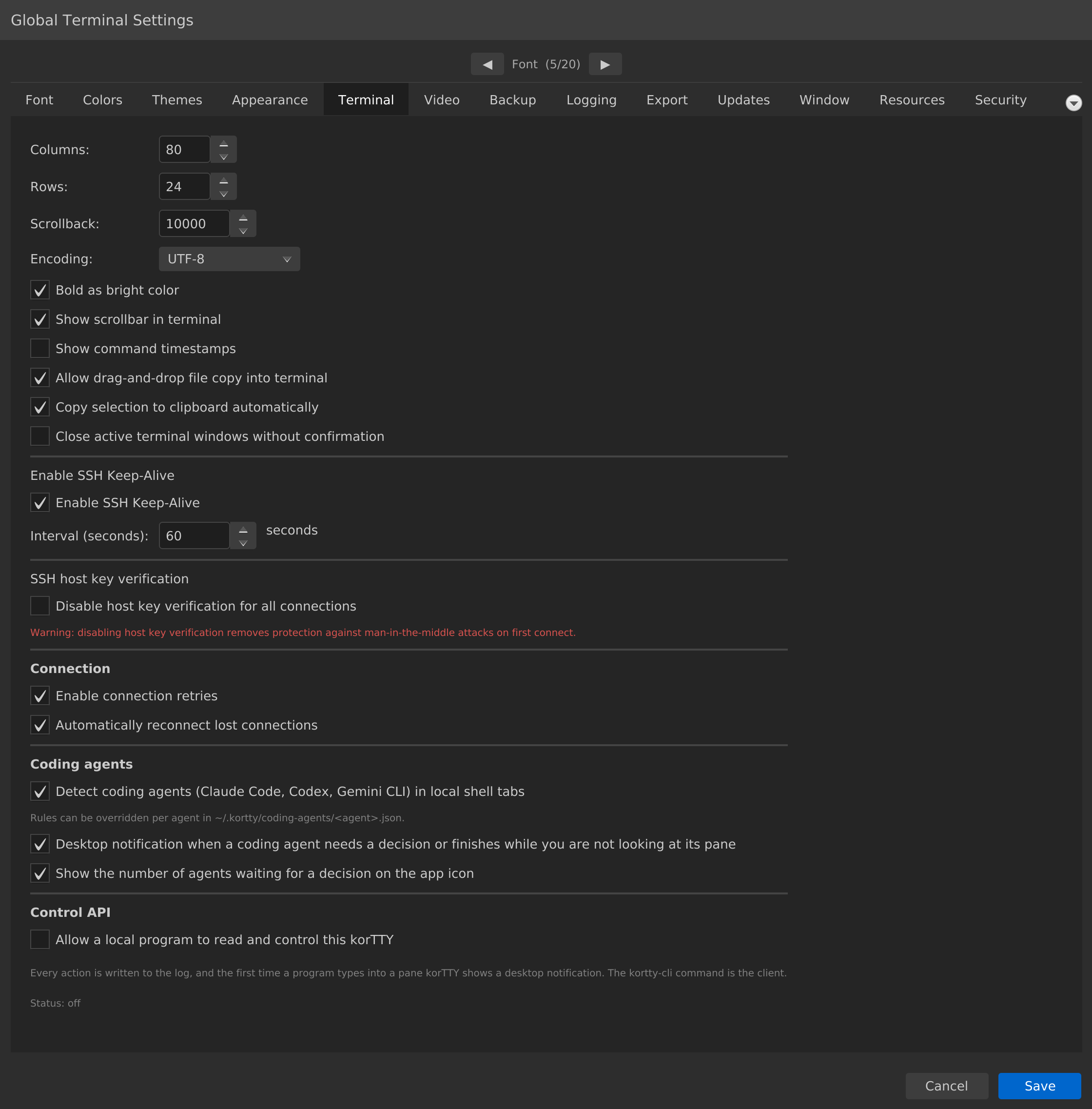 Terminal settings tab