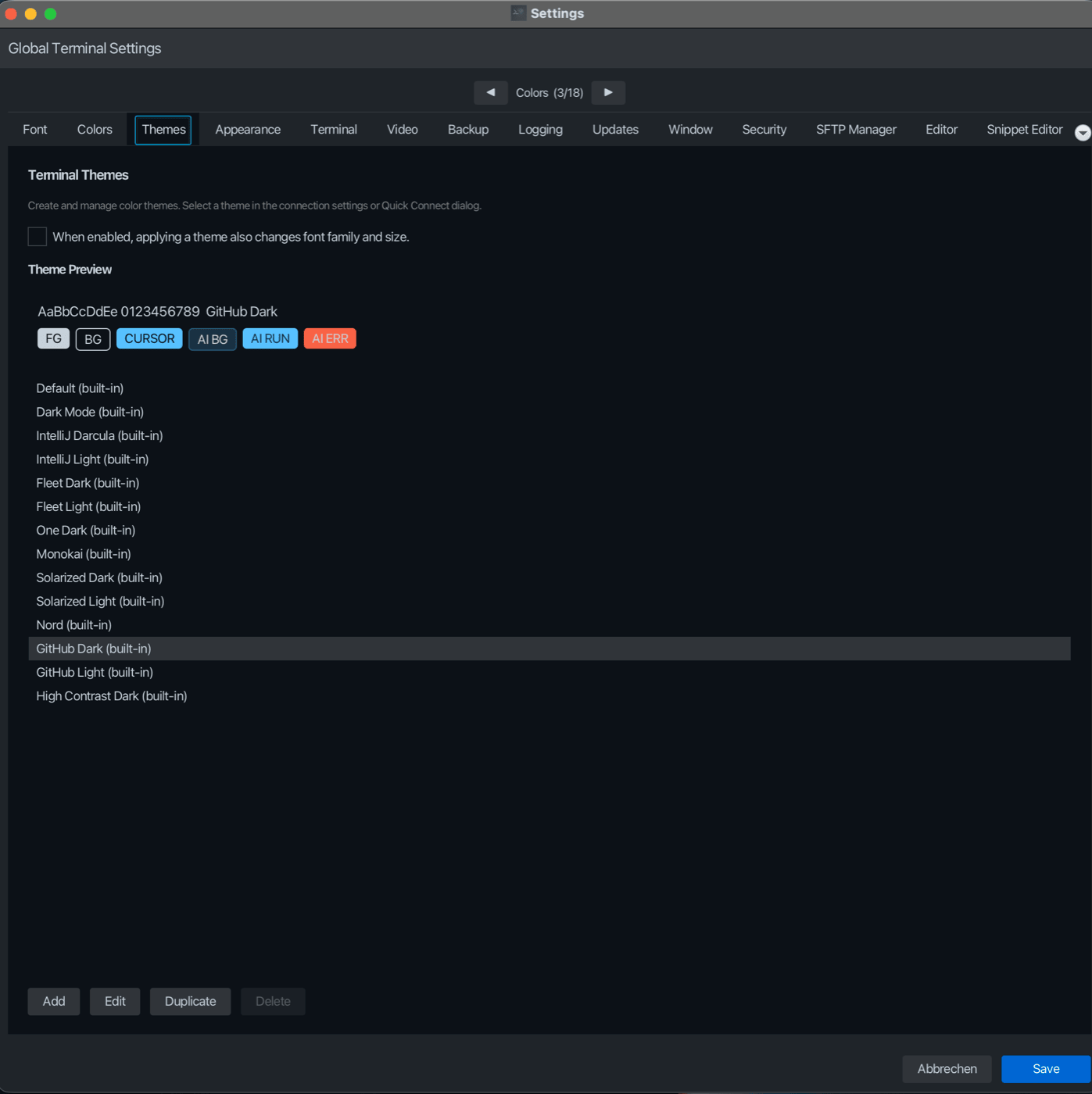 Themes settings tab