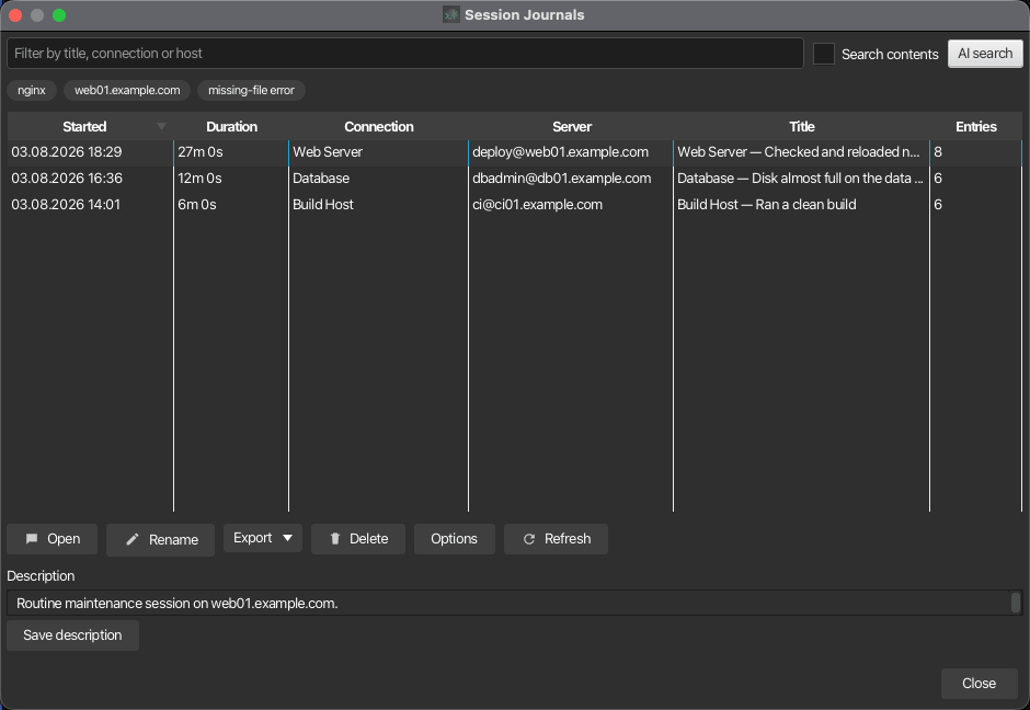 Session journal manager