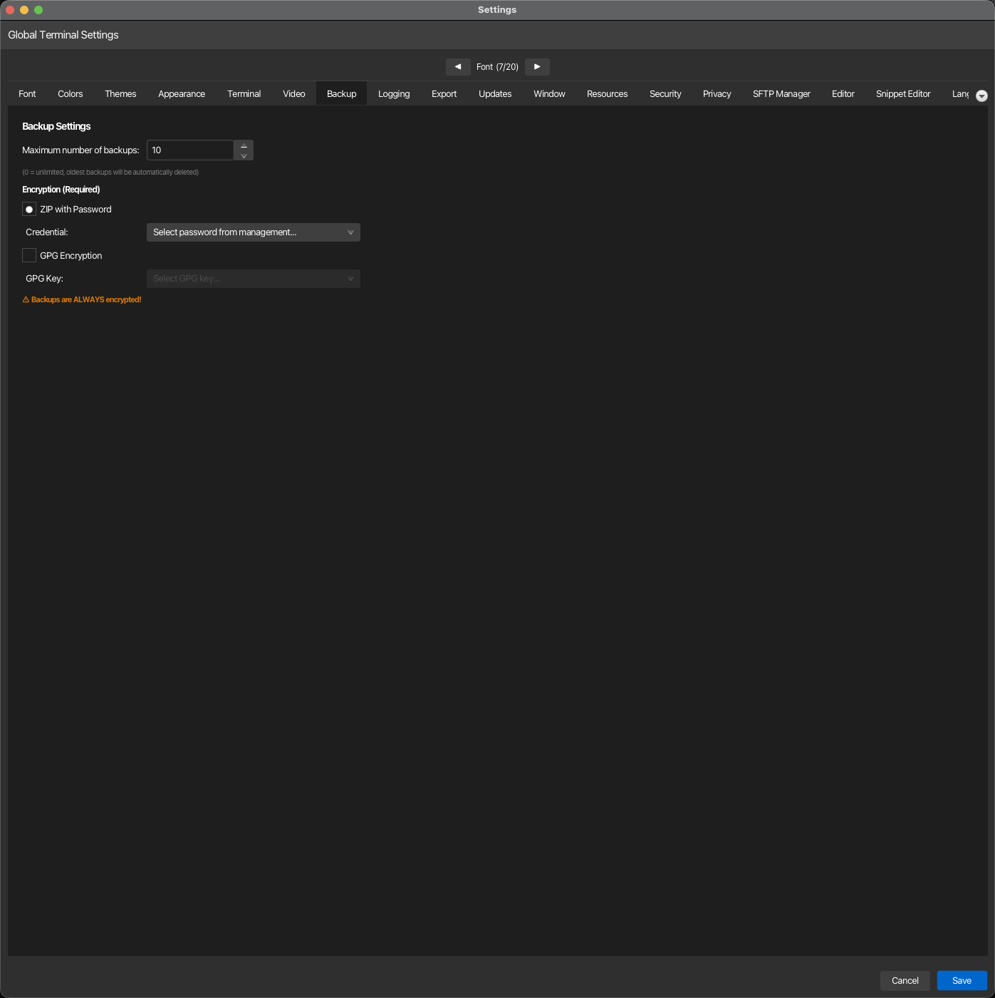 Backup settings tab
