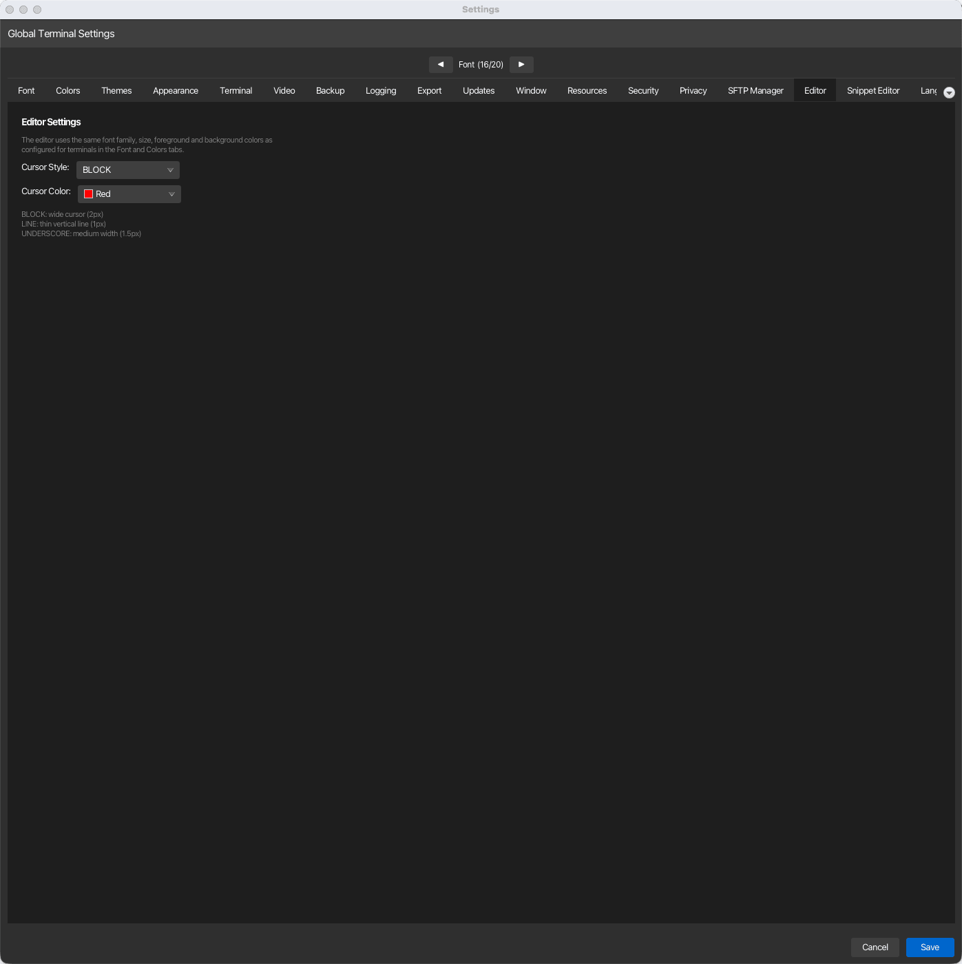 Editor settings tab