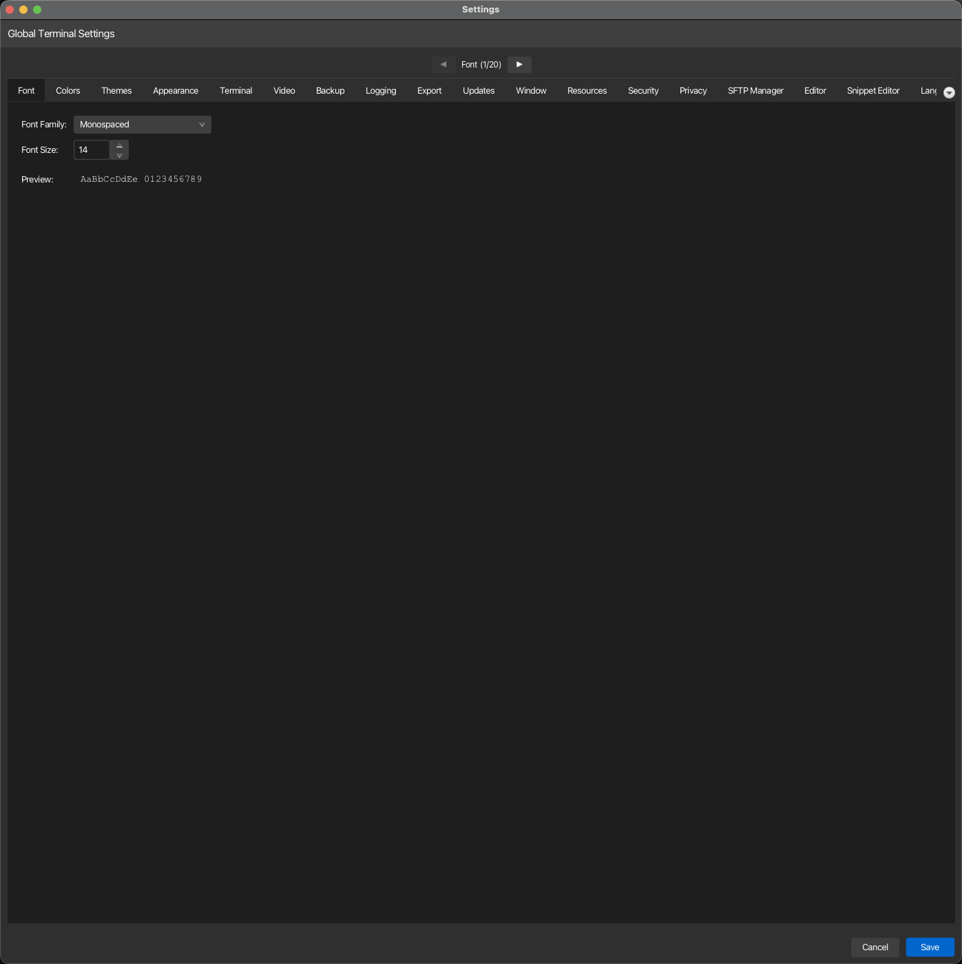 Font settings tab