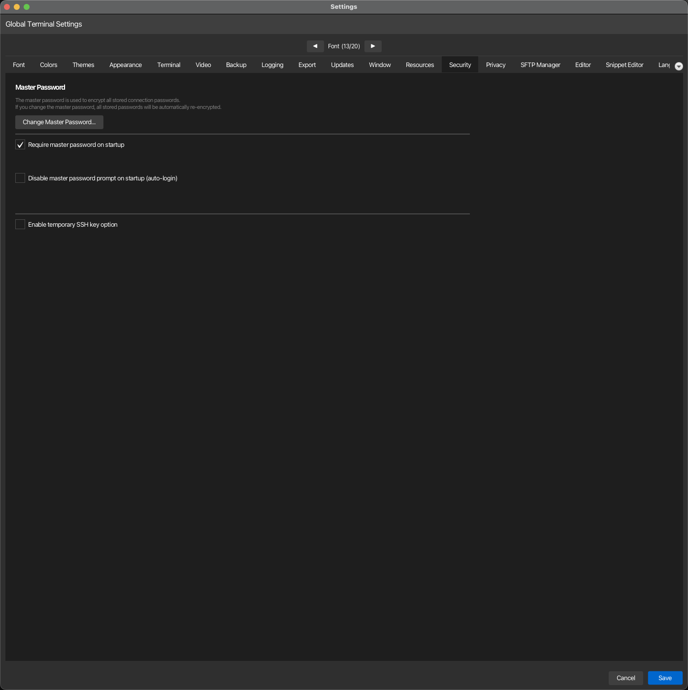 Security settings tab