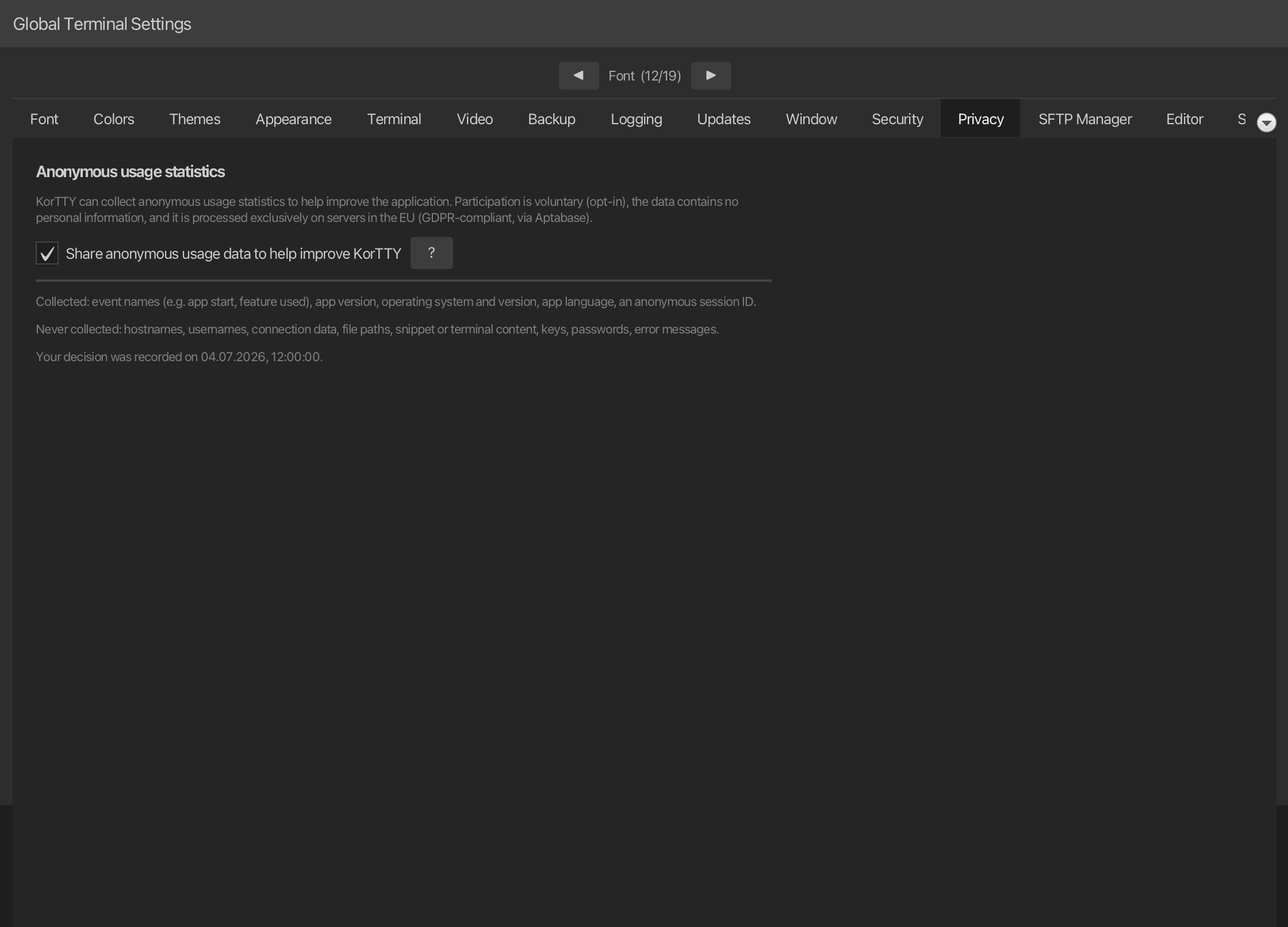 Privacy settings tab