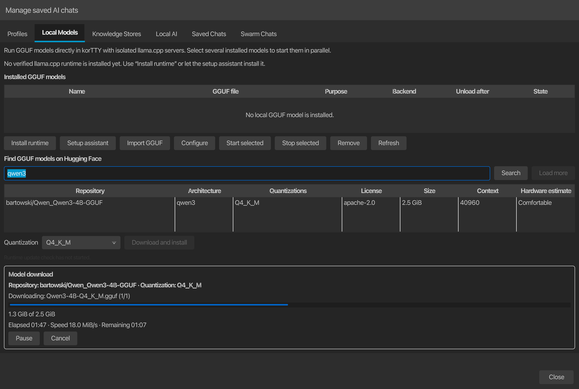 korTTY AI Manager: profiles, local models, knowledge stores and saved chats