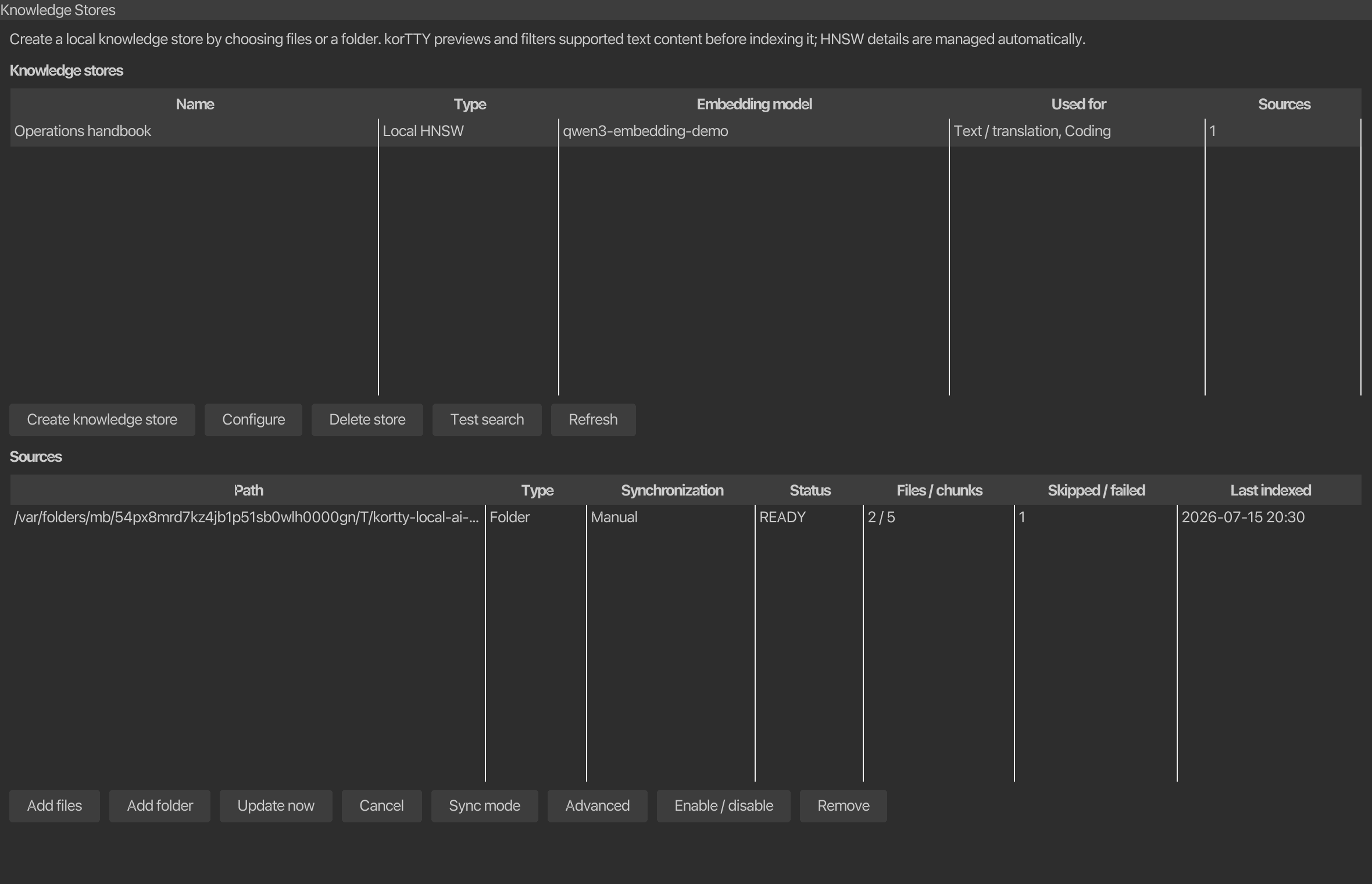 korTTY Knowledge Stores: local RAG sources, sync state and retrieval test
