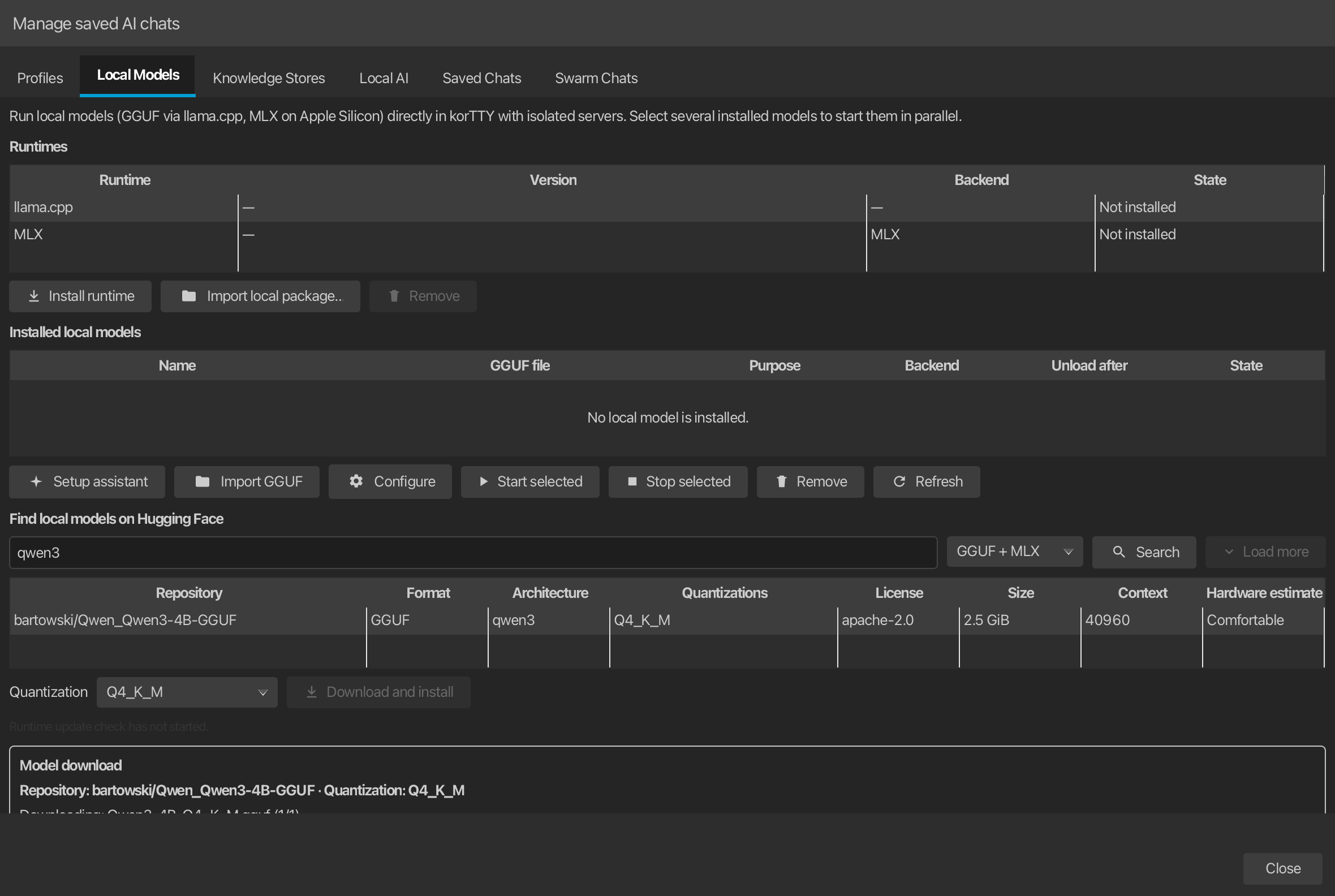 korTTY Local Models manager: installed GGUF models and Hugging Face search