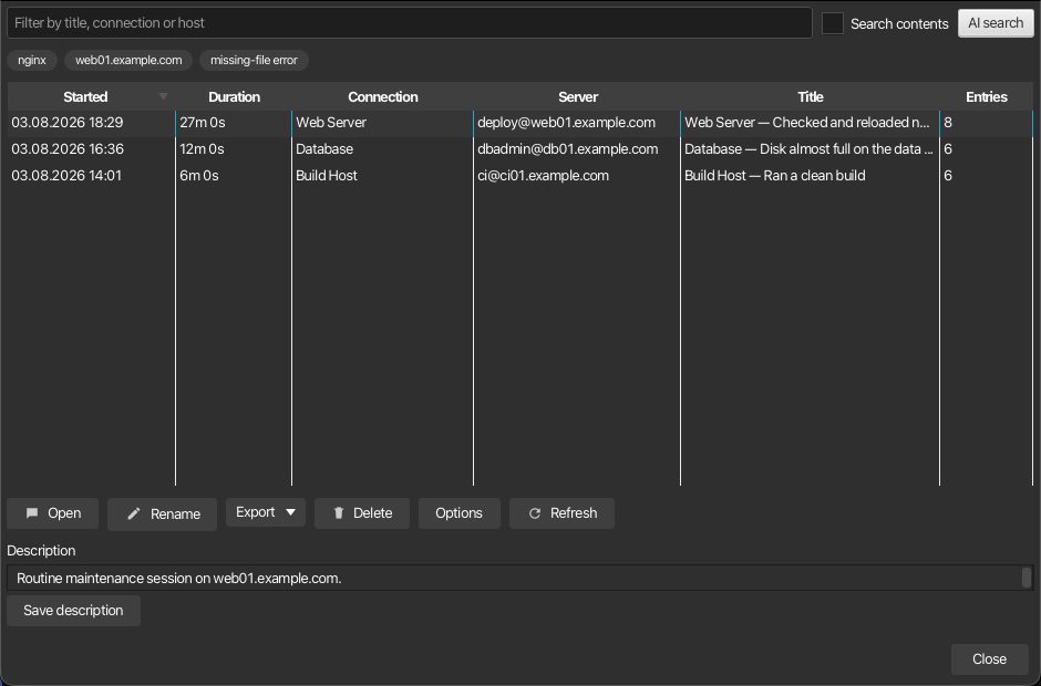 korTTY session journal manager: journals in a sortable table with duration, connection, server, AI title and entry count, plus description and export actions
