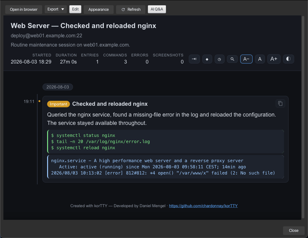 korTTY session journal viewer: header with connection details and counts, one AI-summarised timeline entry marked Important, command and output excerpts