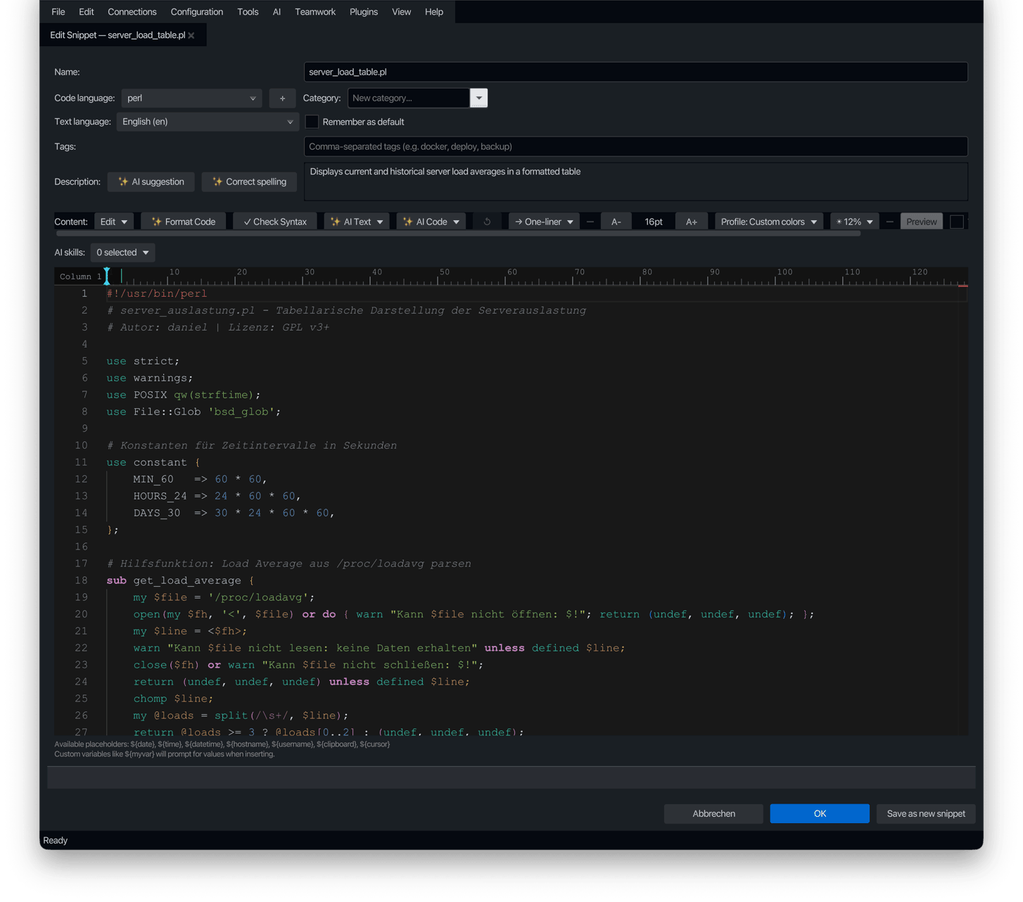 korTTY Snippet Editor with Monaco syntax highlighting