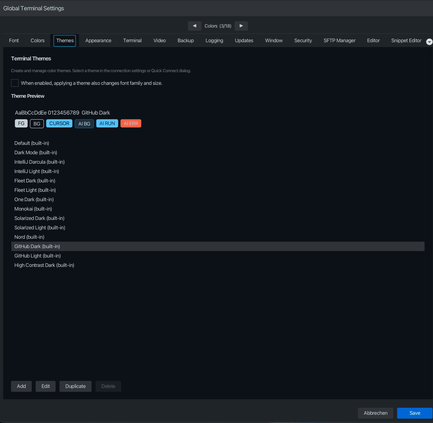 korTTY theme settings: color profiles with live preview