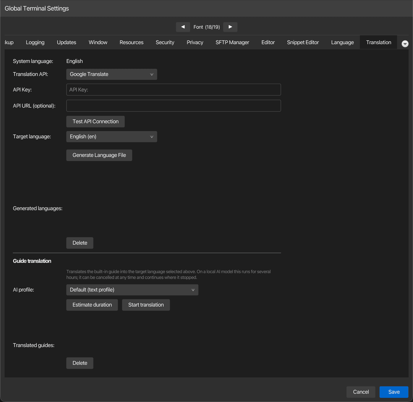 korTTY translation settings: generate language files via translation APIs