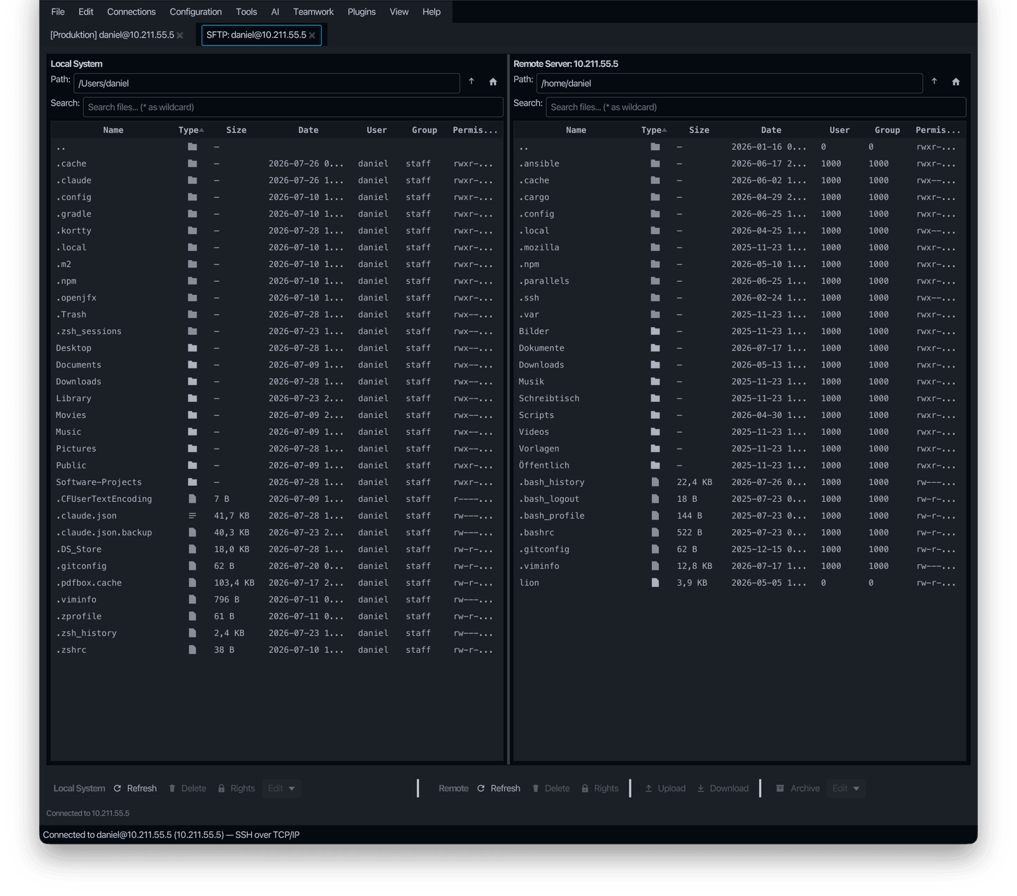 korTTY SFTP Manager: local and remote file panes