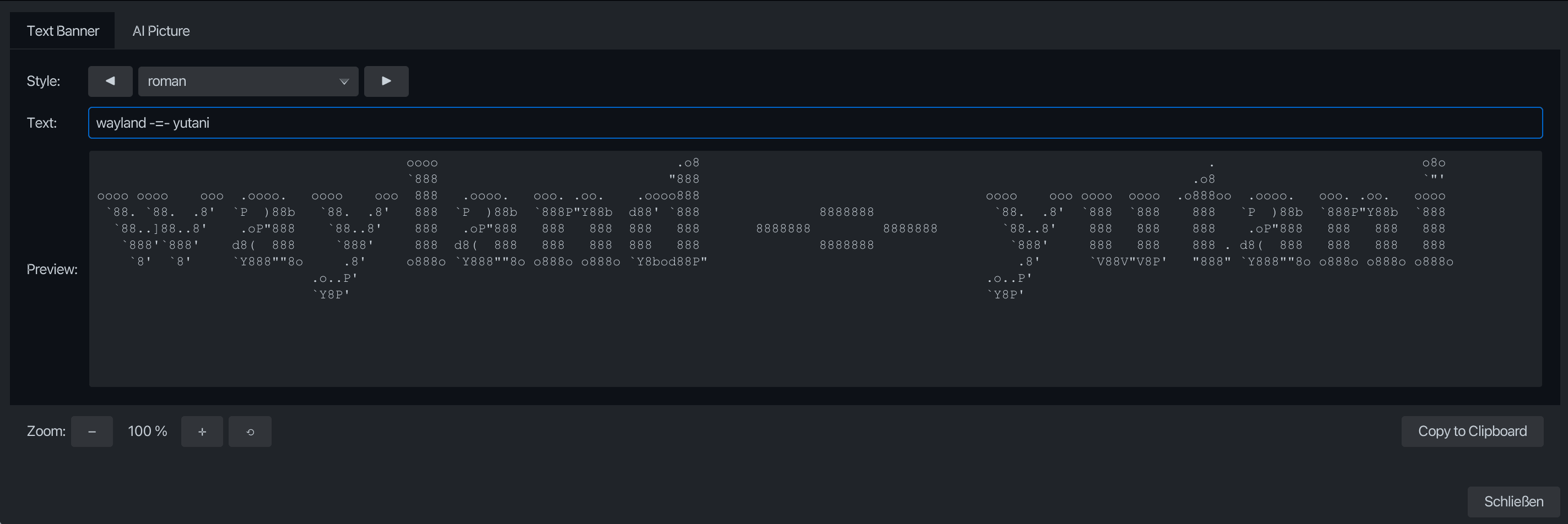 korTTY ASCII Art tool: FIGlet text banner with style picker and live preview