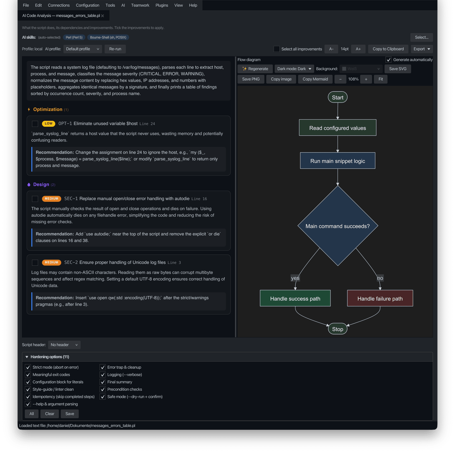 korTTY Full code analysis: plain-language summary, severity-badged improvements with line numbers, auto-generated flow diagram and hardening options
